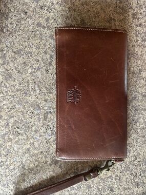 Holtz Brown Leather Wristlet Wallet with Embossed Logo